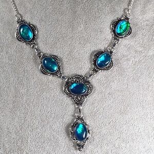 New Blue Dichroic Glass Acrylic Silver Overlay Necklace 18.5”